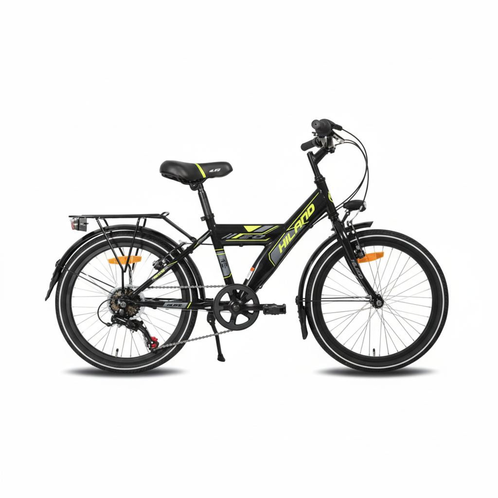 Square black mountain bike with yellow accents