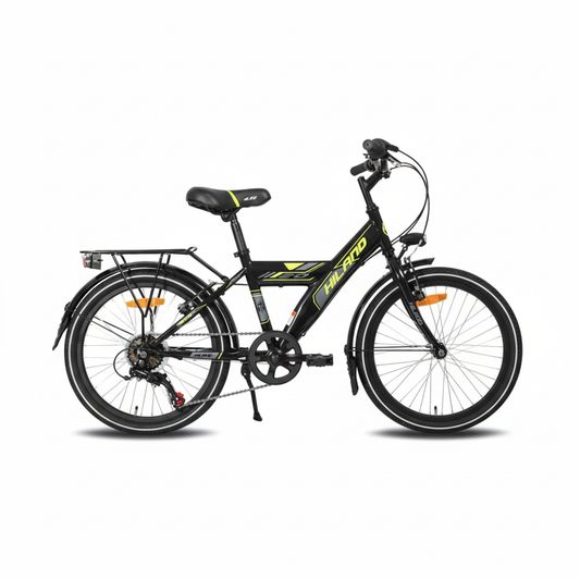 Square black mountain bike with yellow accents