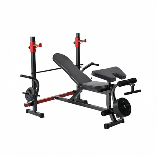 Square multi-function weight bench with red accents