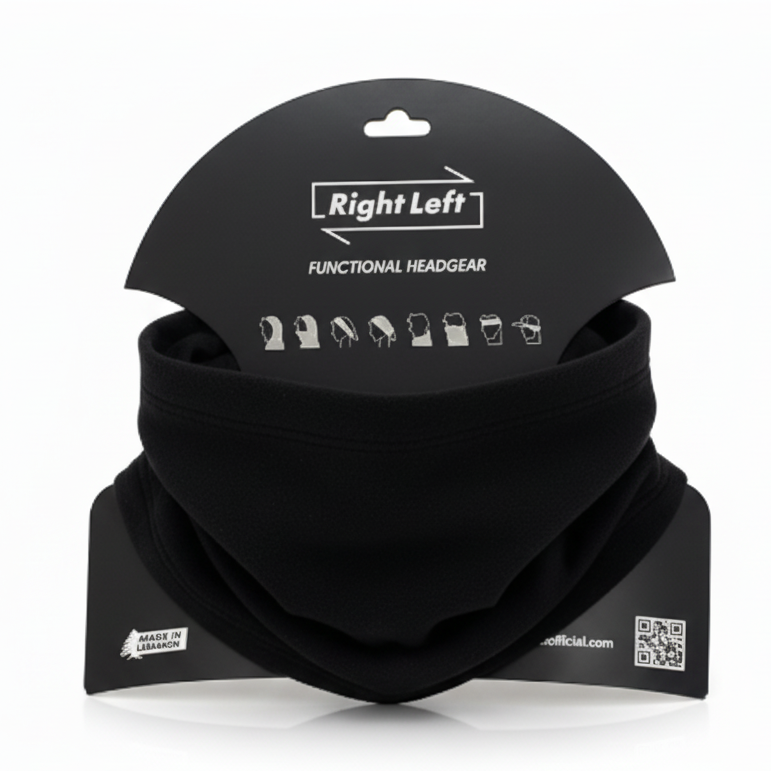 Square product photo of black fleece neck gaiter on packaging
