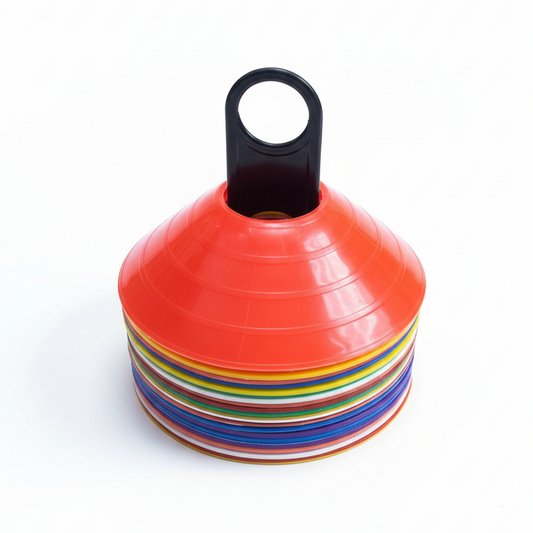 Stacked disc marker cones white background