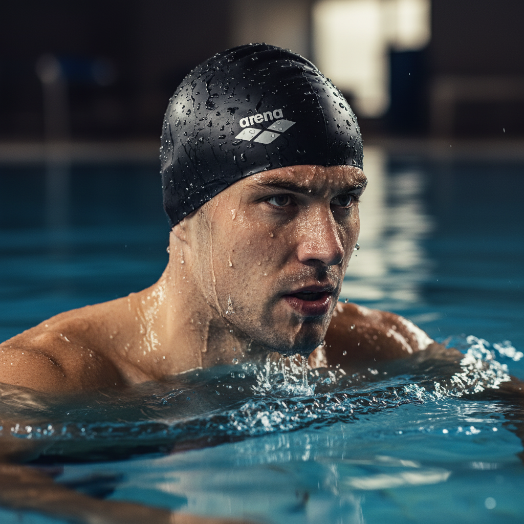 Swimmer emerging from water with black Arena cap