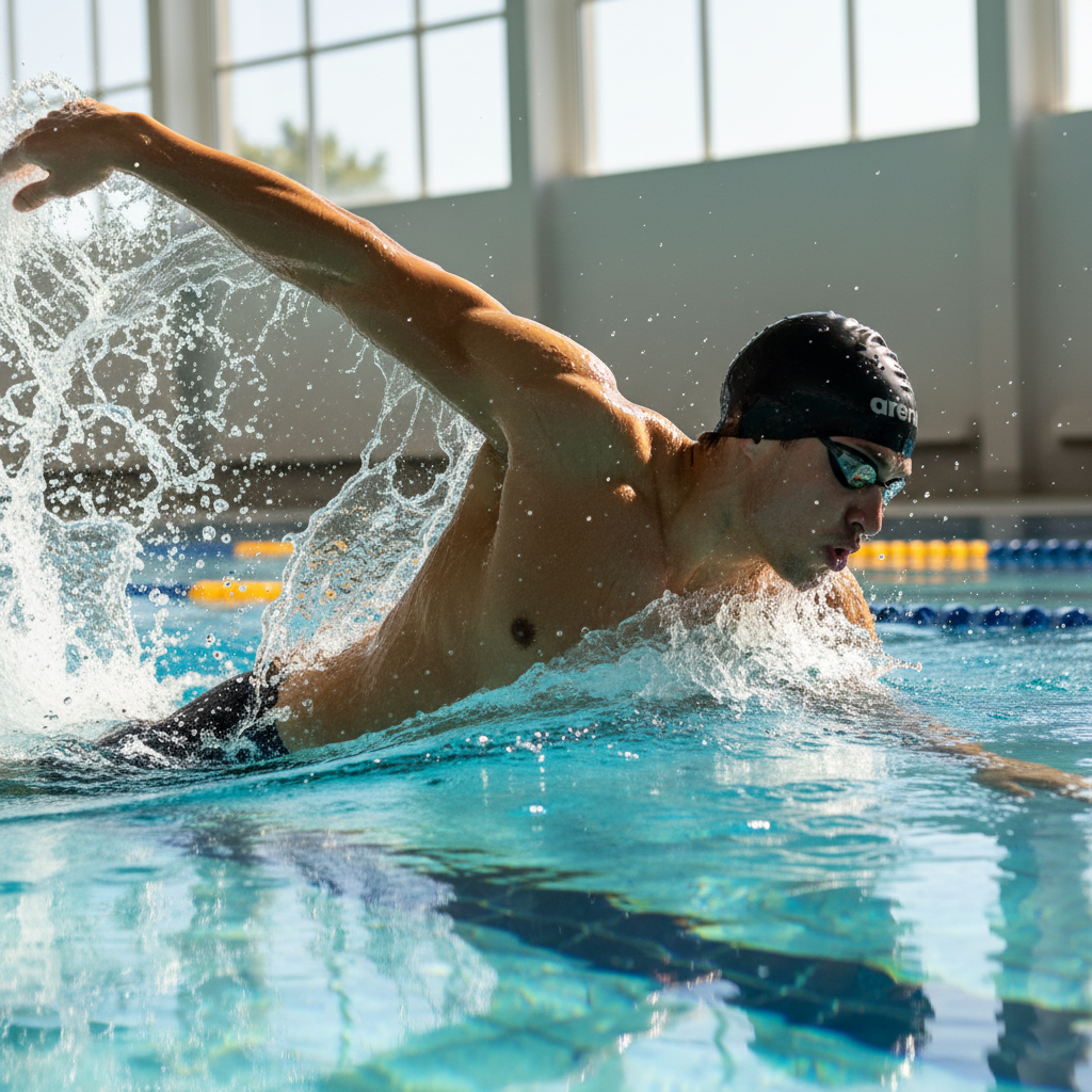 Swimmer in freestyle stroke wearing black Arena cap