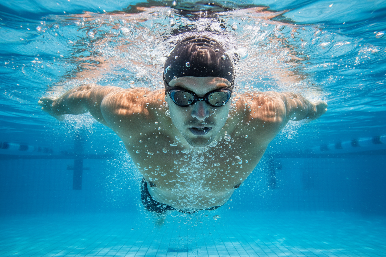 Swimmer underwater with black Arena Spider Adult goggles