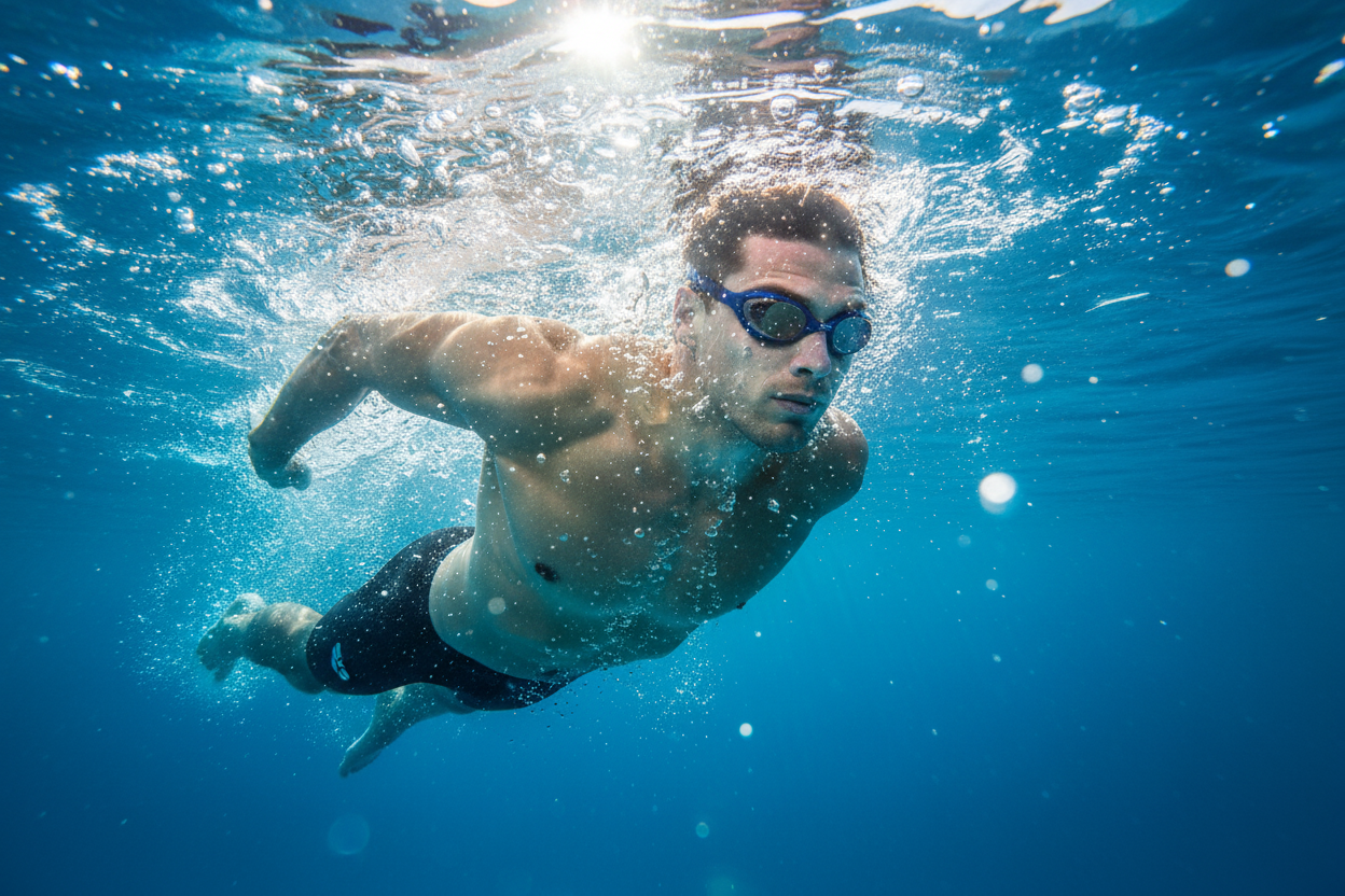 Swimmer underwater with blue Arena Spider goggles