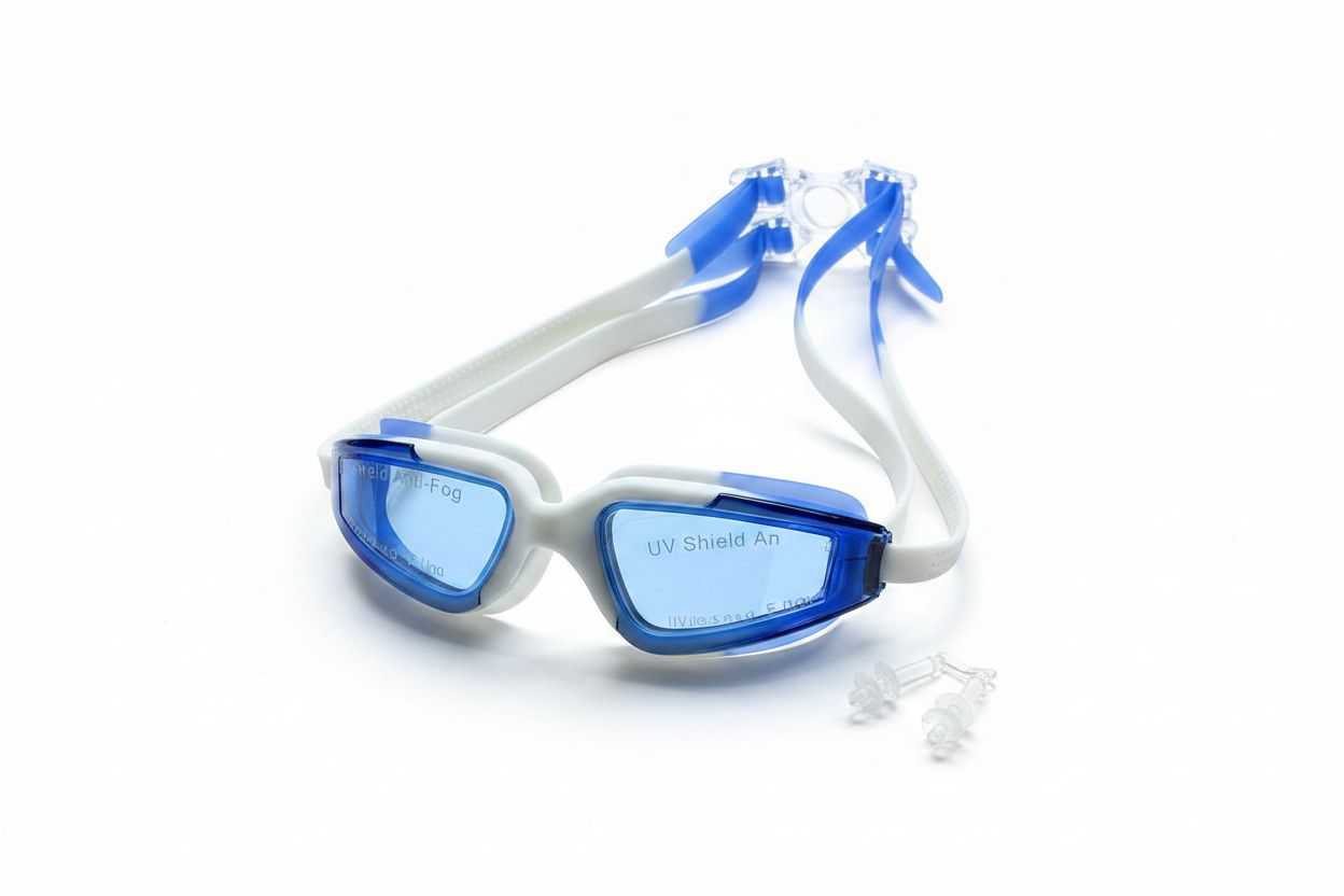 Swimming Goggles Flat Lay White Background