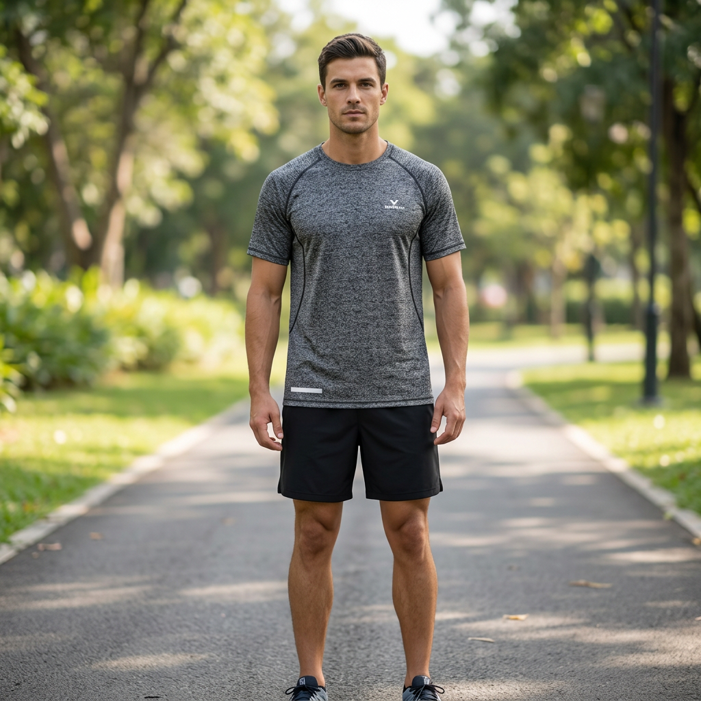 T-shirt lifestyle photo on an outdoor fitness path