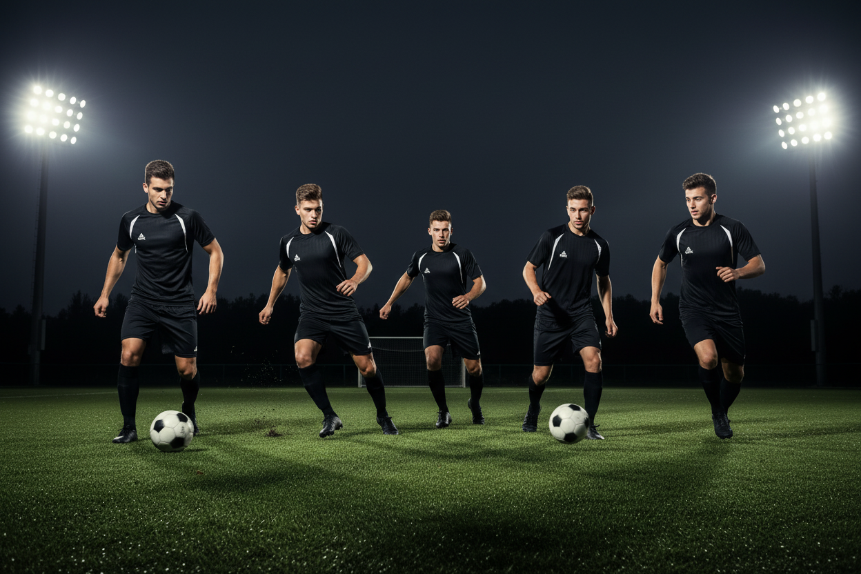 Team in Black PEAK T-Shirts Playing Football