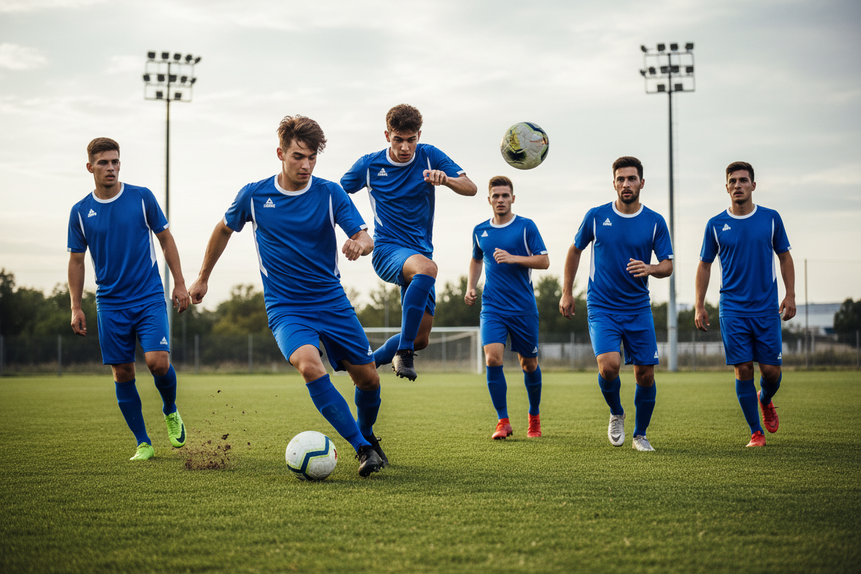 Team in Royal Blue PEAK T-Shirts Playing Football