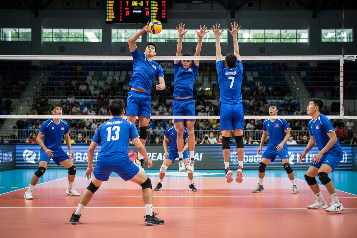 Team in Royal Blue Uniform Playing Volleyball