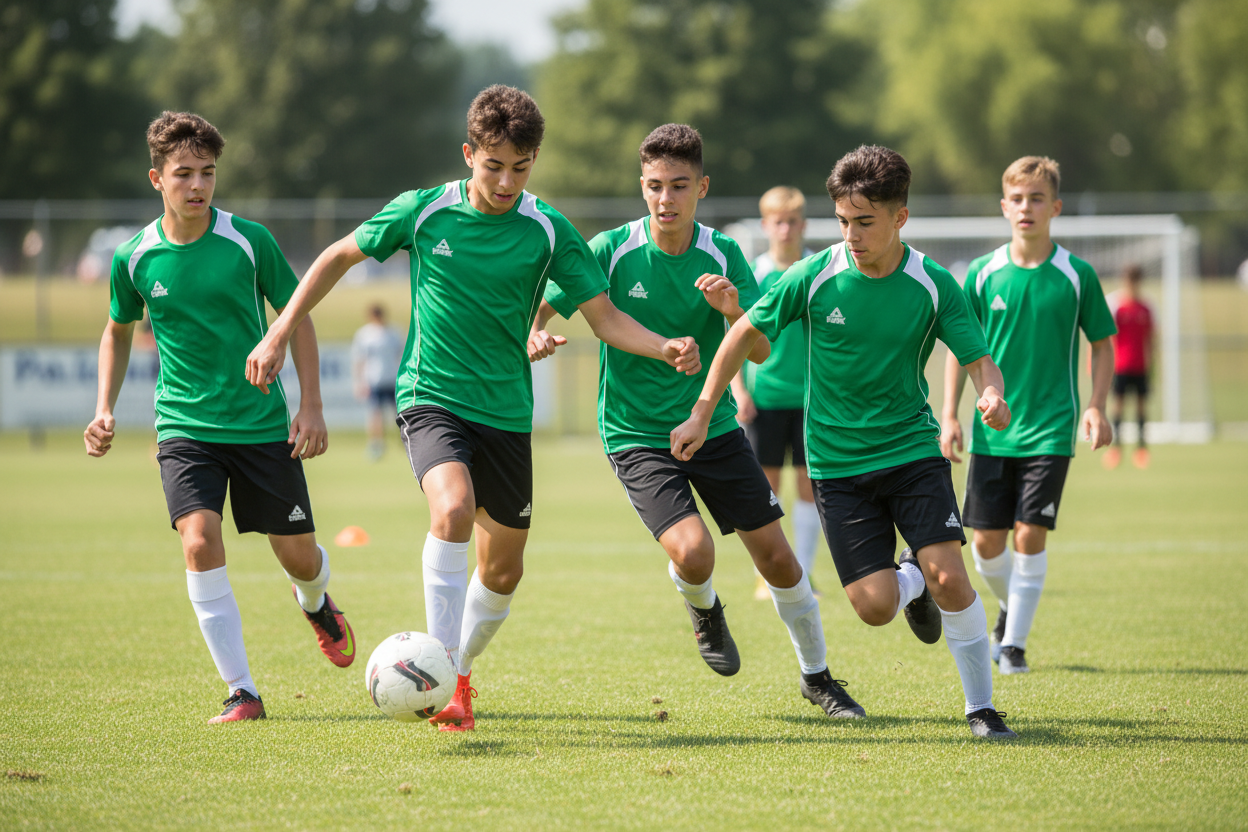 Team of 16-year-old boys playing football in green Peak t-shirts