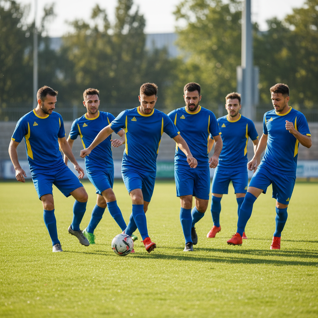 Team of 6 adult men playing football in blue and yellow Peak jerseys