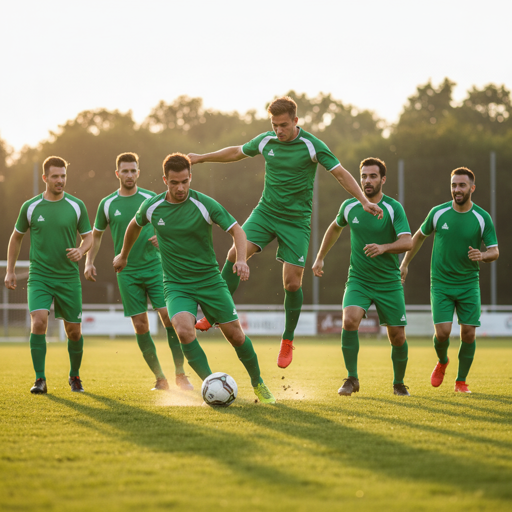 Team of 6 adult men playing football in green and white Peak jerseys