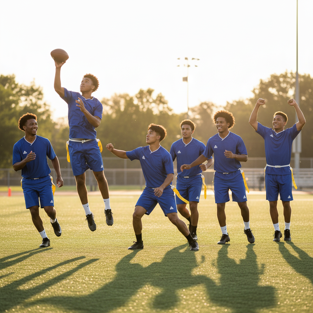Team of 6 adult men playing sports in blue Peak jerseys