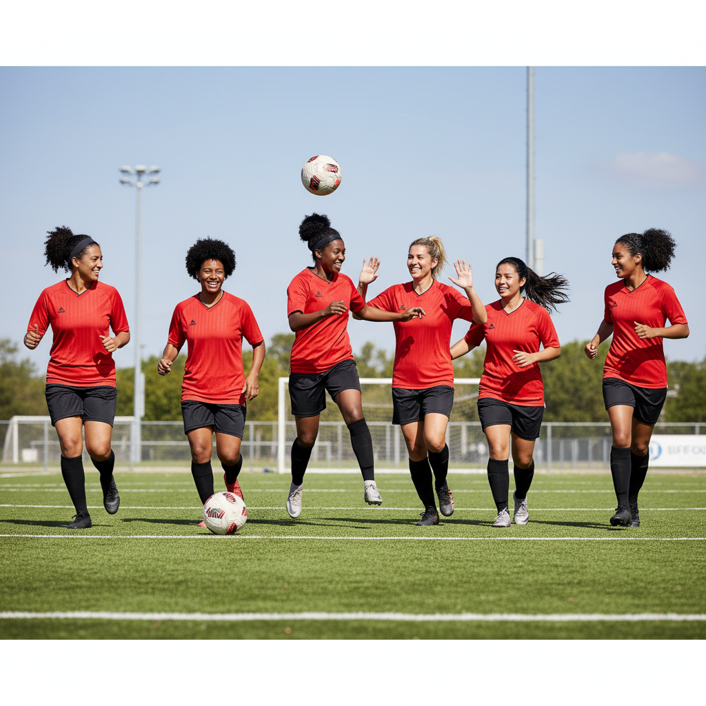 Team of 6 adult women playing sports in red Peak jerseys
