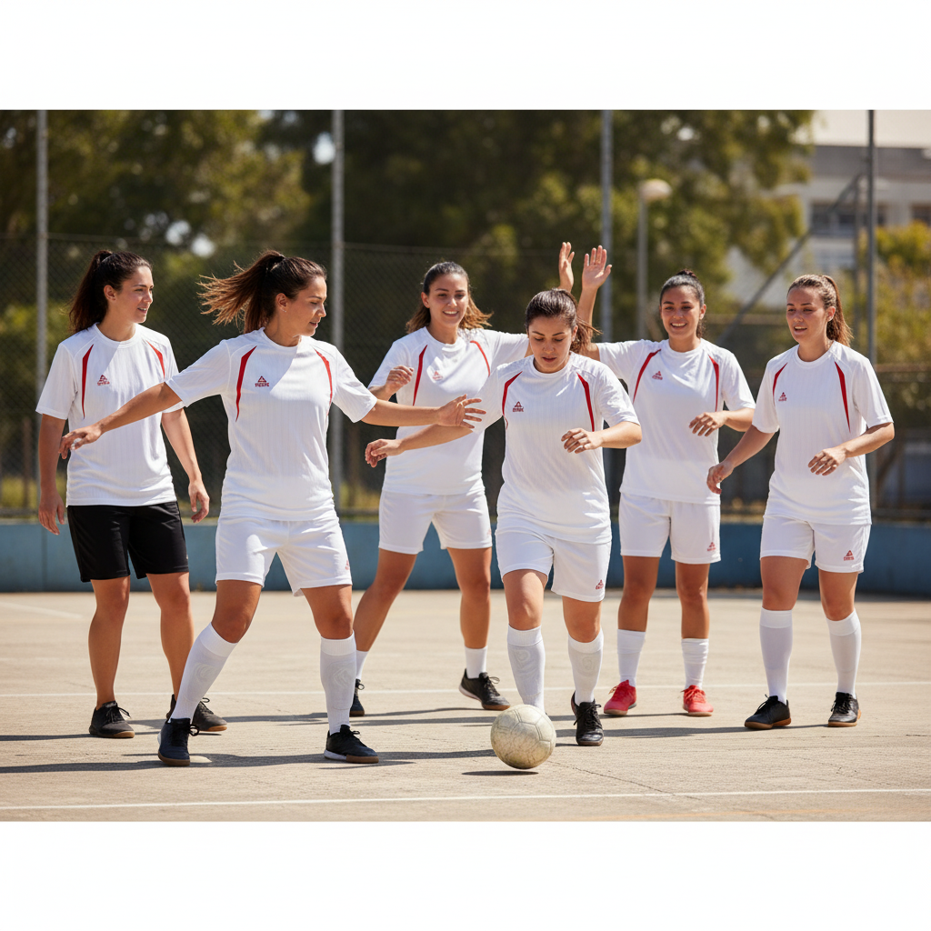 Team of 6 adult women playing sports in white and red Peak jerseys