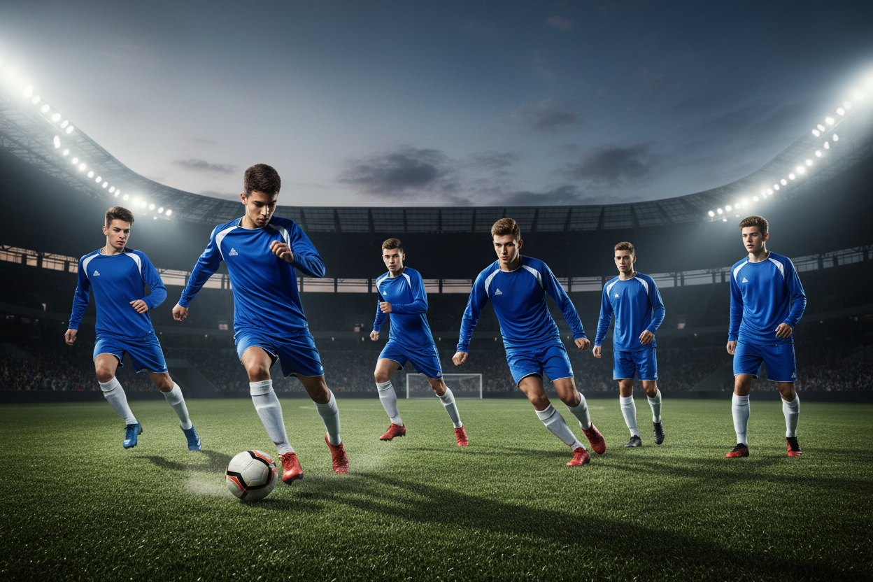 Team of 6 boys in blue PEAK long sleeve playing football