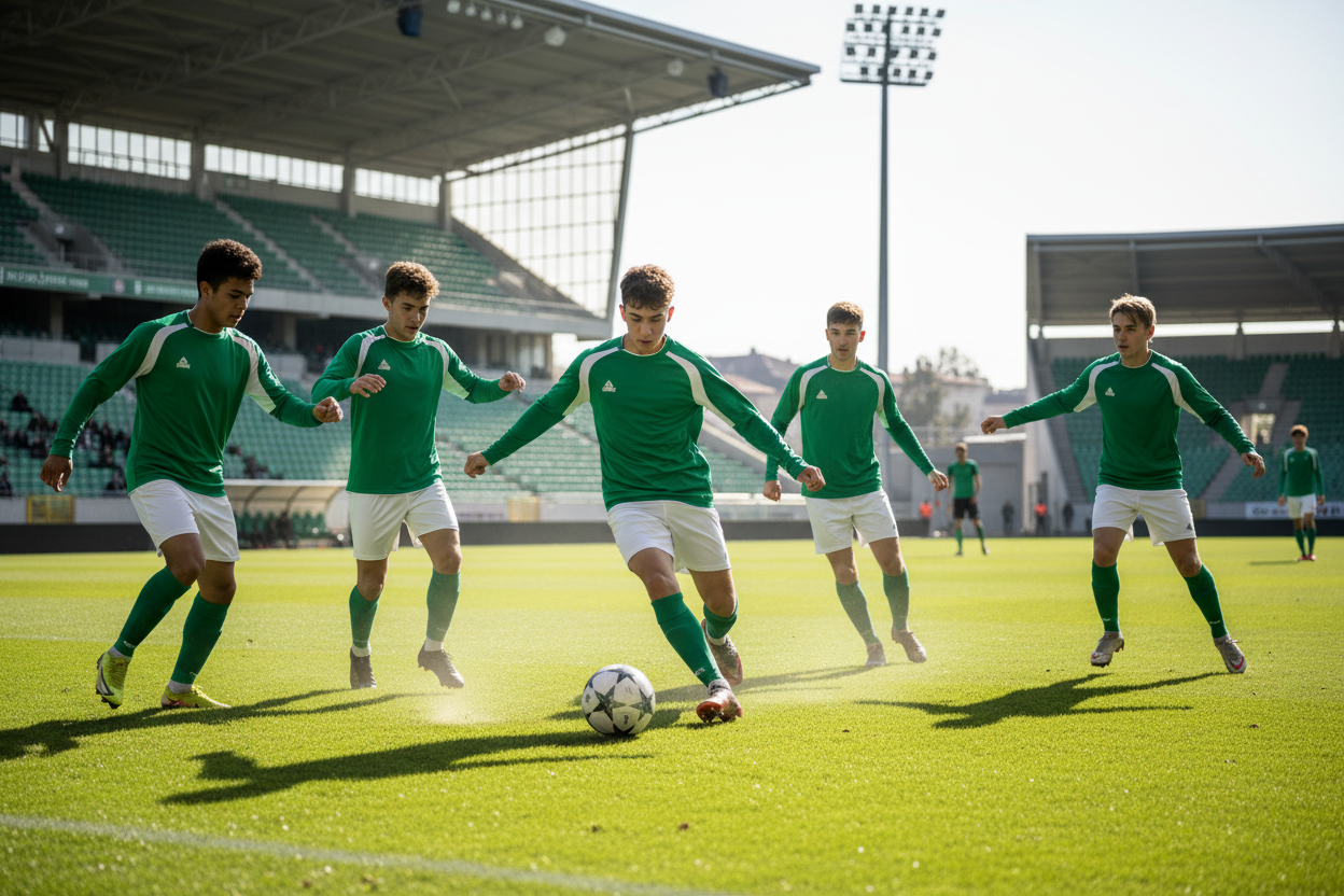 Team of 6 boys in green PEAK long sleeve playing football