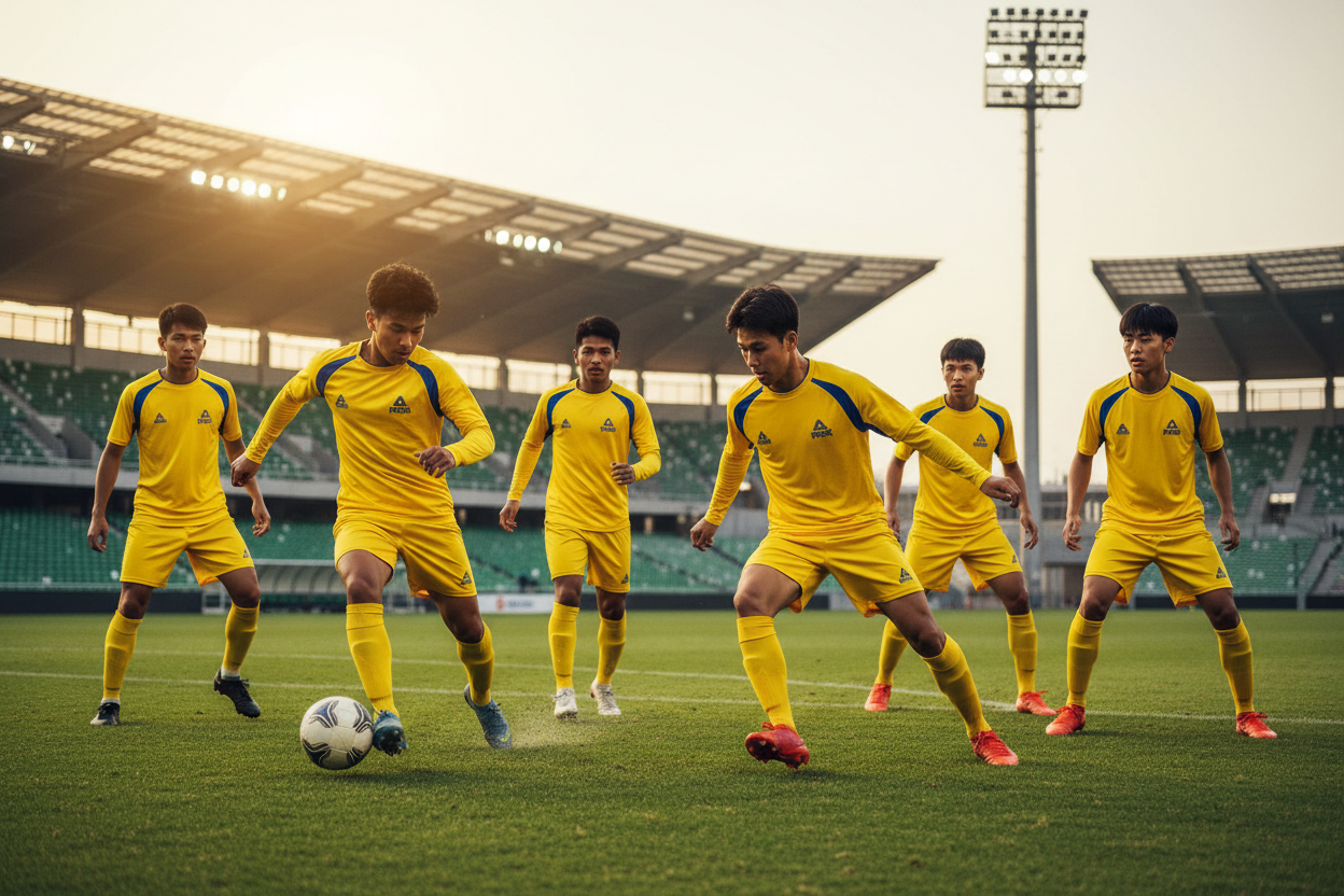 Team of 6 boys in yellow & blue PEAK long sleeve playing football