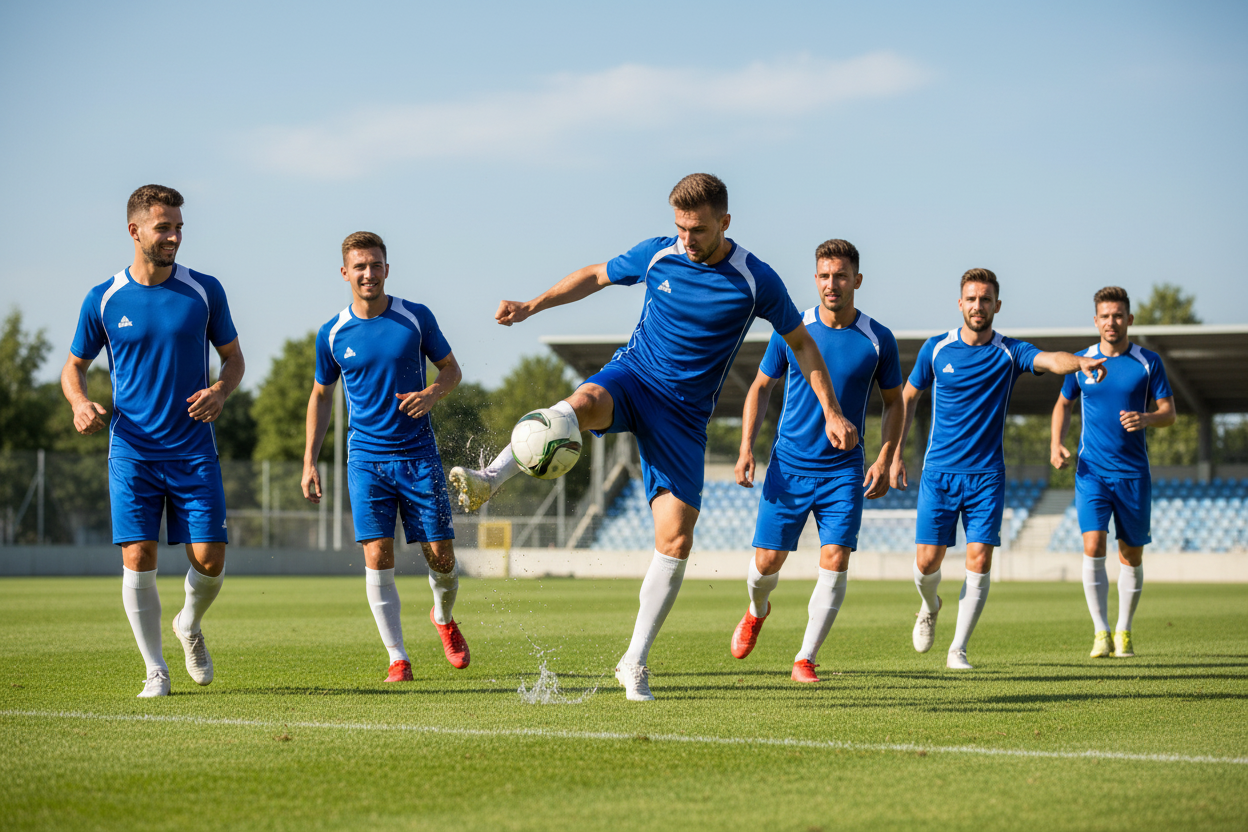Team of 6 footballers in royal blue PEAK shirts