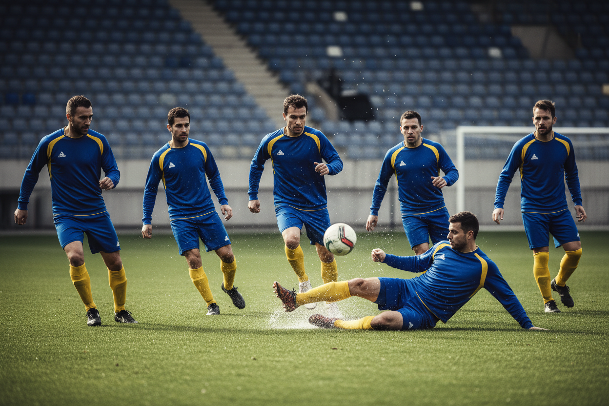 Team of 6 playing football in Peak blue & yellow jersey
