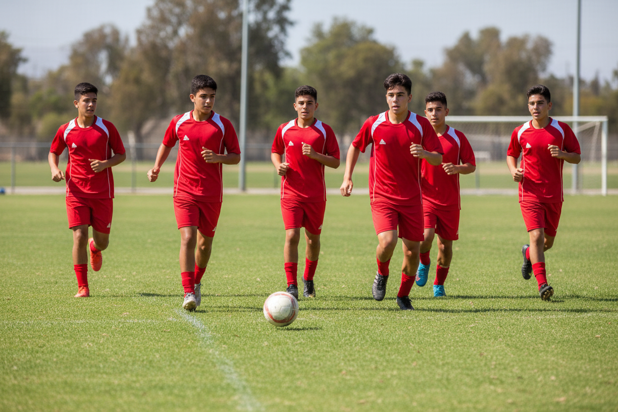 Team of 6 teenage boys playing football in red Peak t-shirts