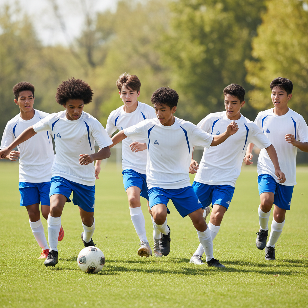 Team of 6 teenage boys playing football in white and blue Peak jerseys