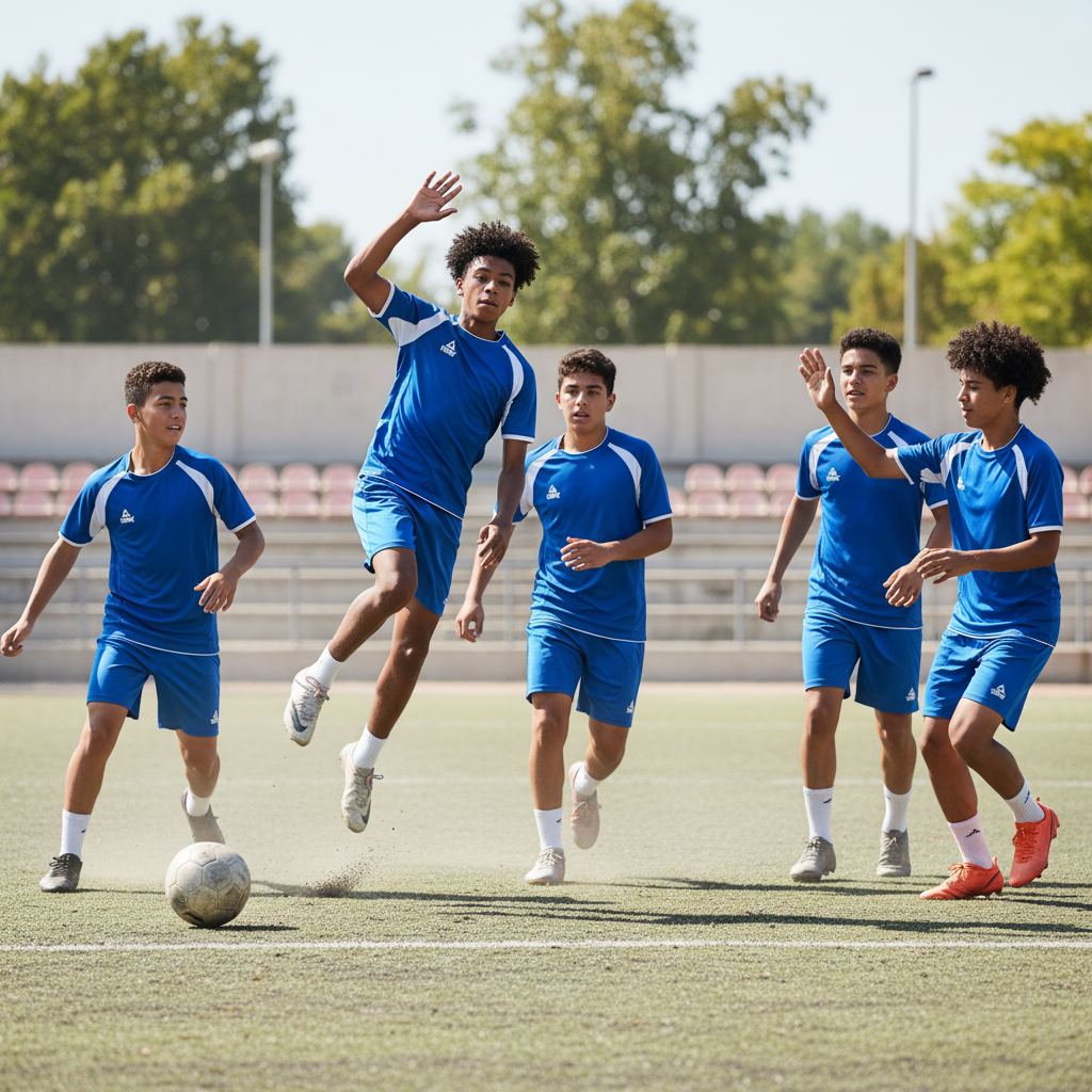 Team of 6 teenage boys playing sports in blue and white Peak jerseys