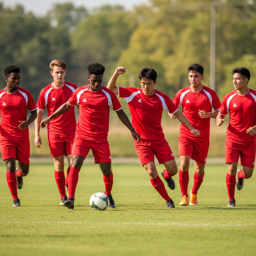 Team of 6 young adult men playing football in red and white Peak jerseys