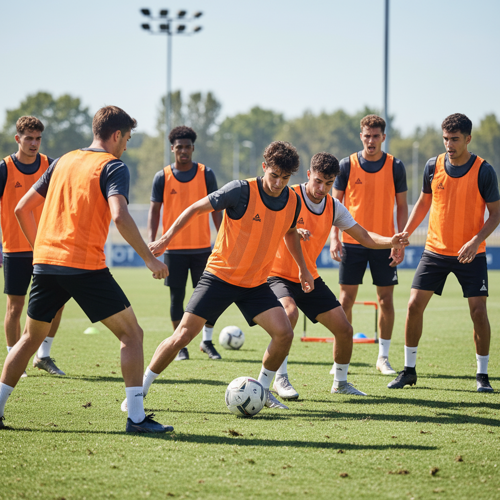 Team of 6 young men in orange Peak training vests playing football