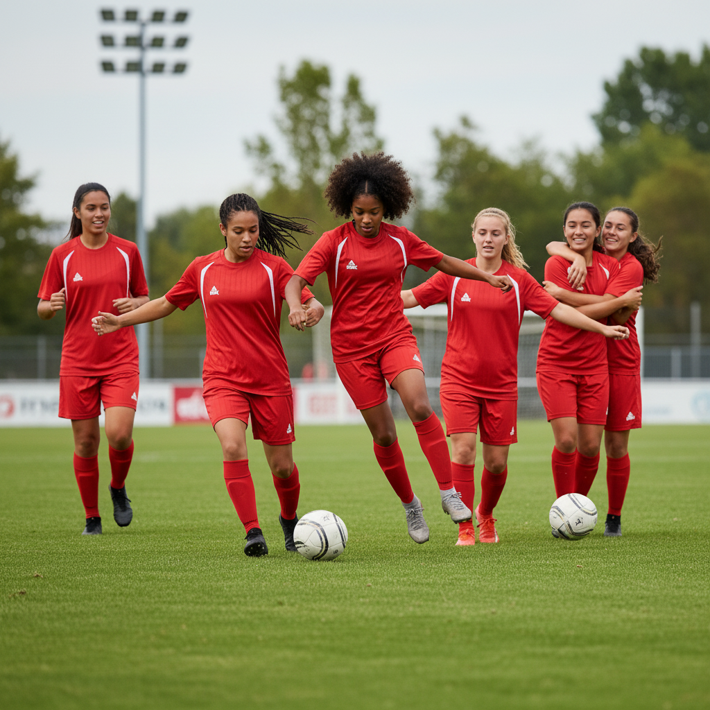 Team of 6 young women playing football in red and white Peak jerseys