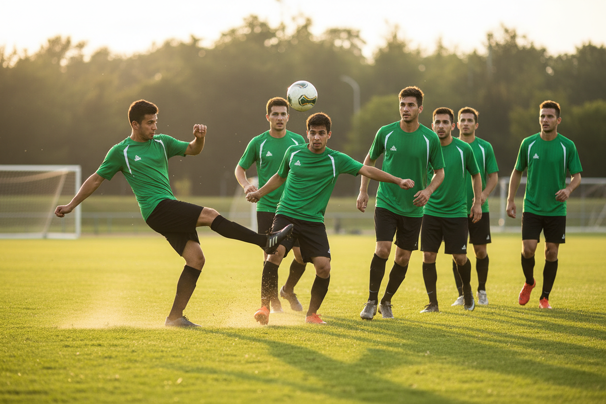 Team playing football in green t-shirts