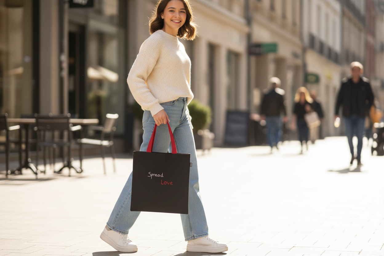 Teen girl holding tote bag in hand