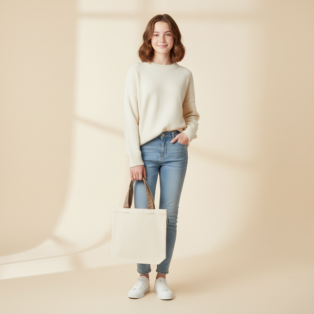 Teenage girl holding beige cream small tote bag with grey handles