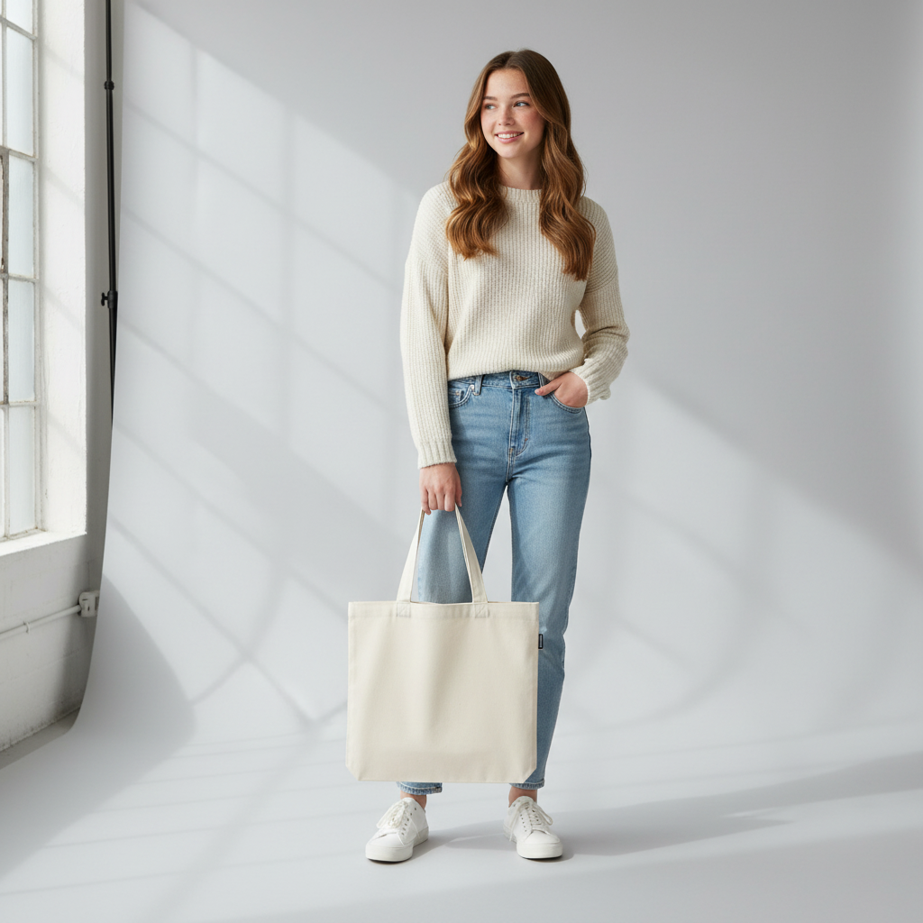 Teenage girl holding beige cream small tote bag