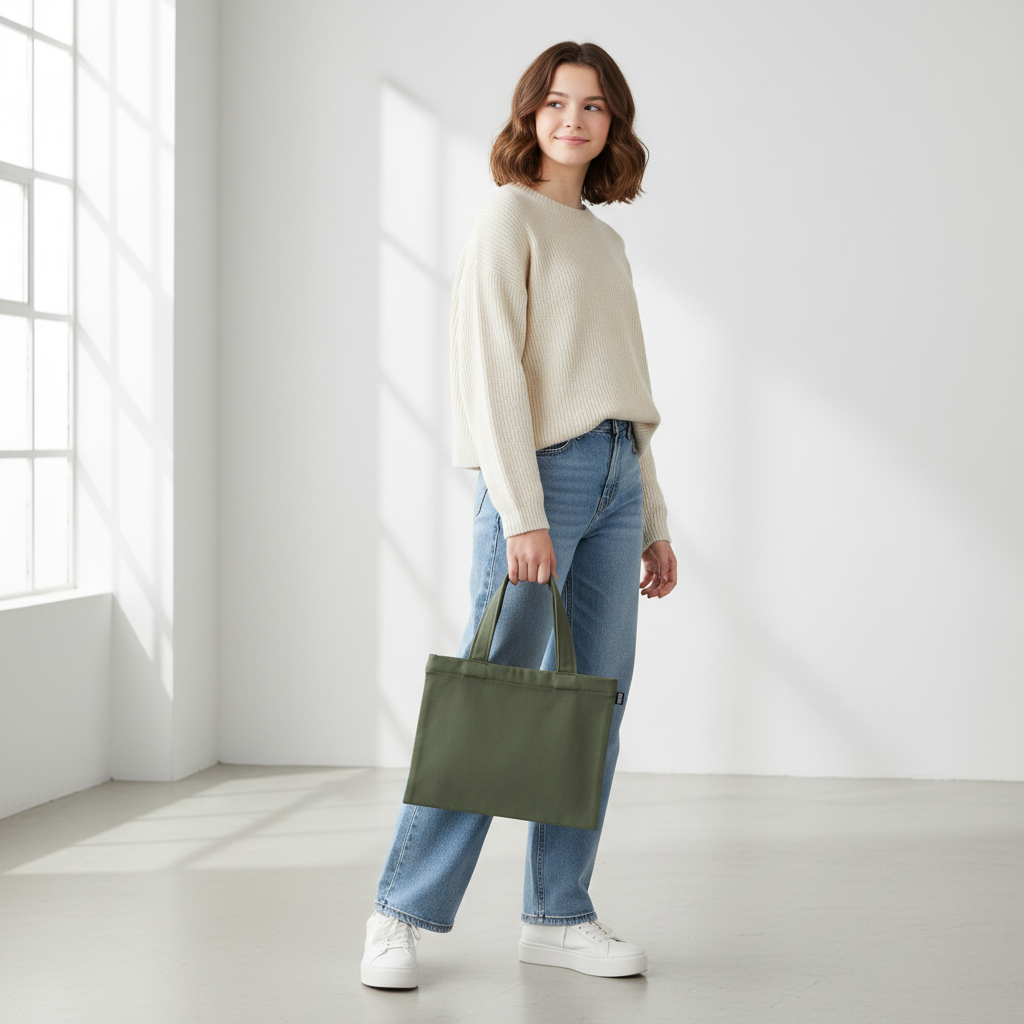 Teenage girl holding olive green small tote bag
