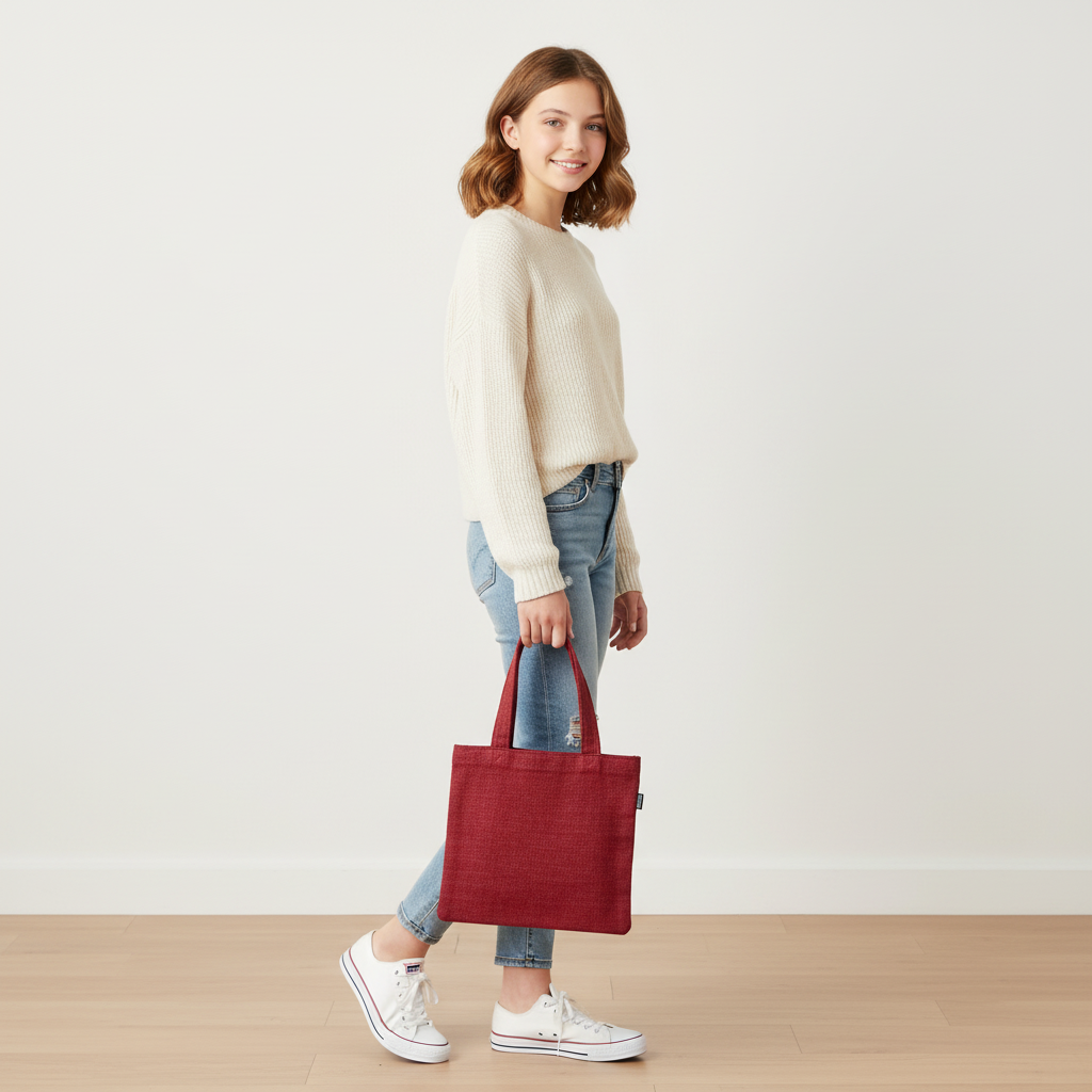Teenage girl holding red textured small tote bag