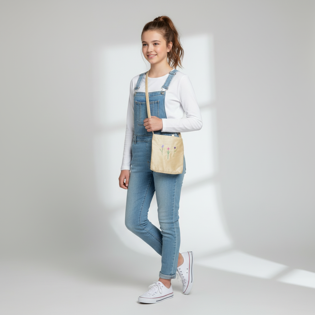 Teenage girl wearing beige crossbody bag with embroidered flowers