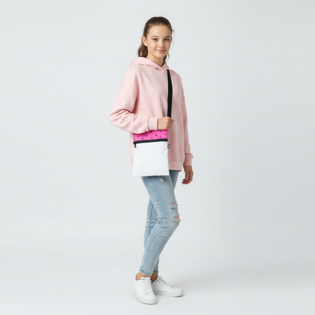 Teenage girl wearing pink and white crossbody bag with star pattern