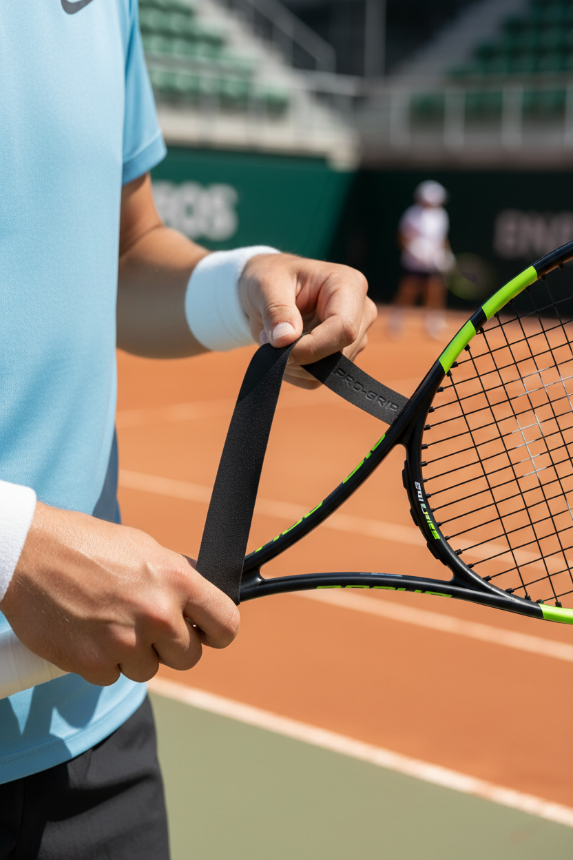 Tennis player applying black overgrip tape
