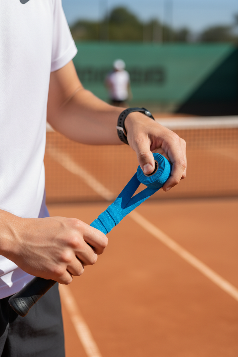 Tennis player applying blue overgrip tape