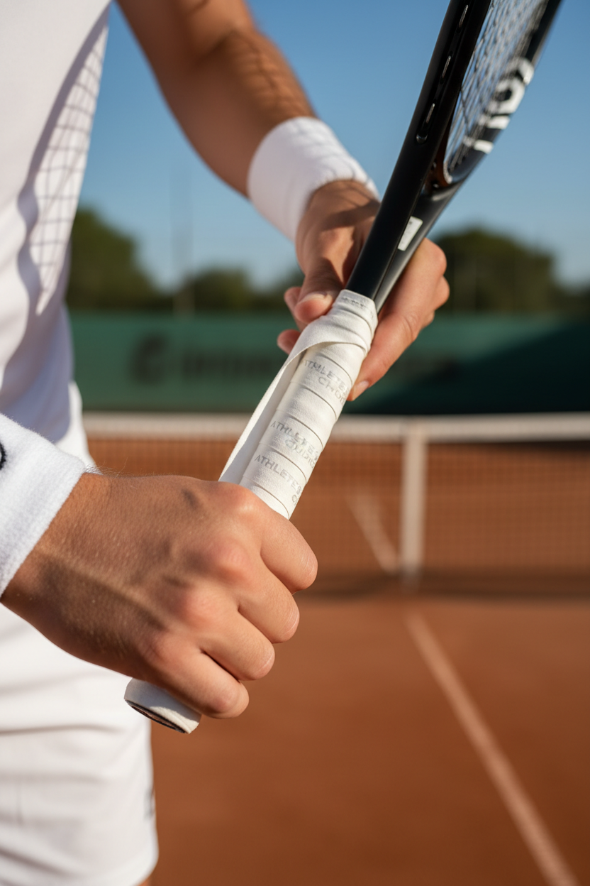 Tennis player applying white overgrip tape