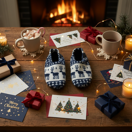 Third alternative Christmas themed square image of Fair Isle reindeer slippers