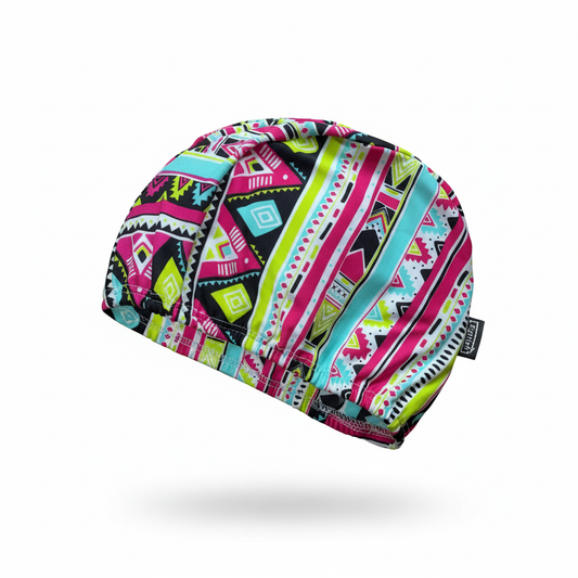 Tribal aztec patterned lycra cap - left side floating view