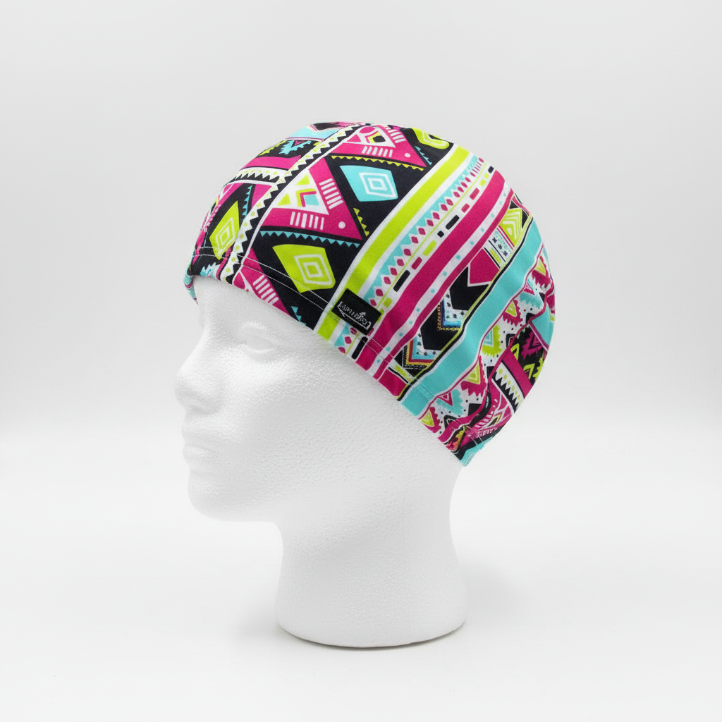 Tribal aztec patterned lycra cap on mannequin - left side view