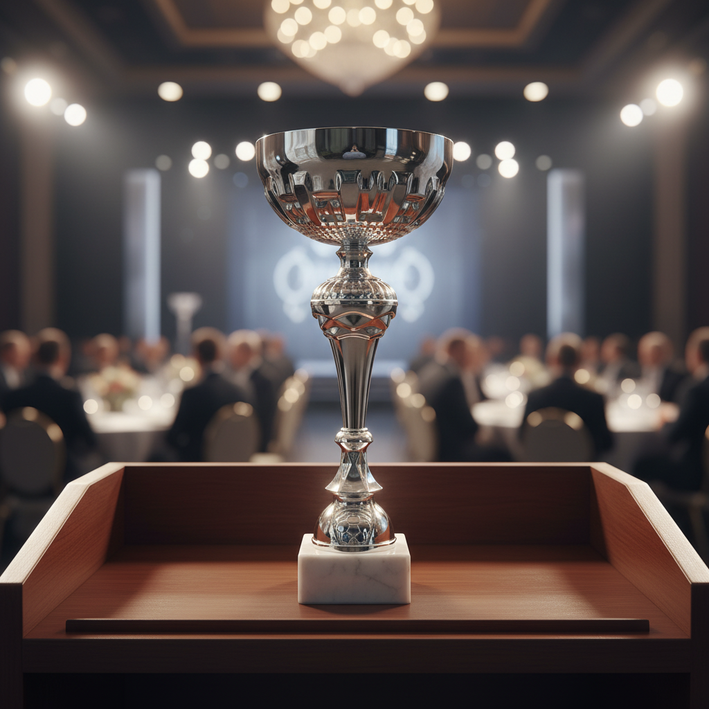 Trophy on podium at awards ceremony