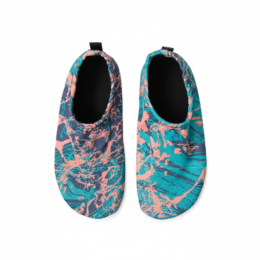 Turquoise and coral marble shoes on white background