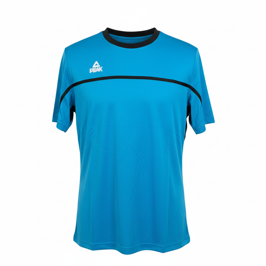 Turquoise blue PEAK t-shirt with invisible ghost mannequin effect on white background
