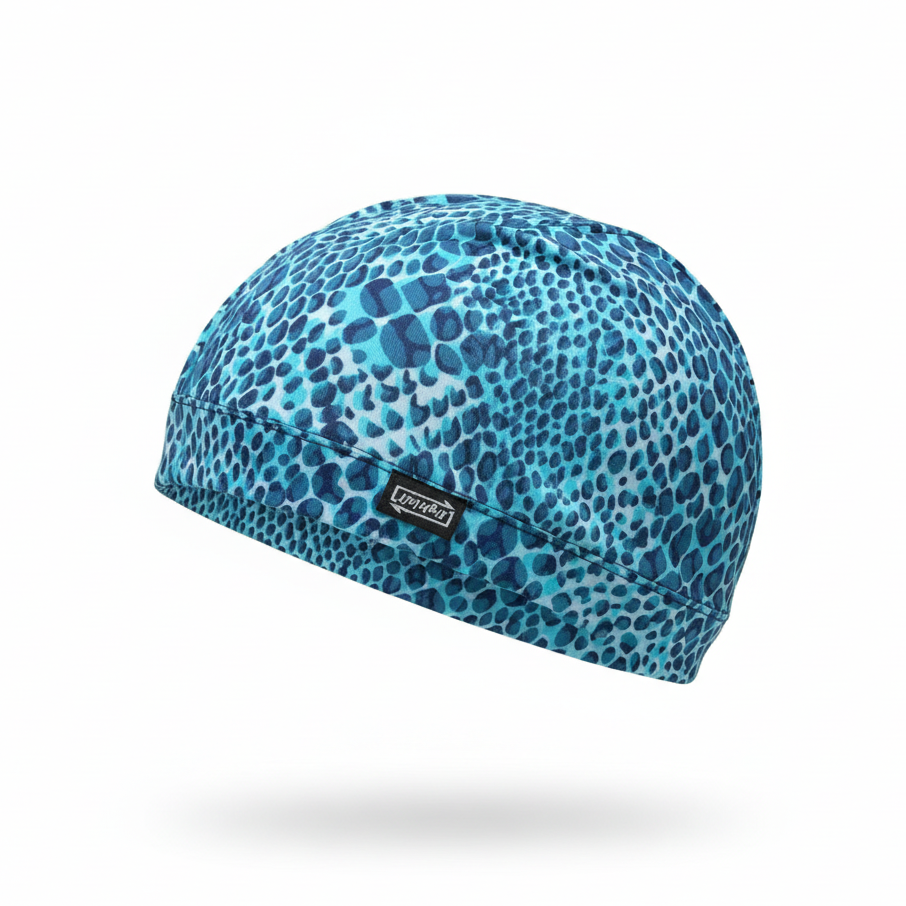 Turquoise leopard print lycra cap - left side floating view with brand name