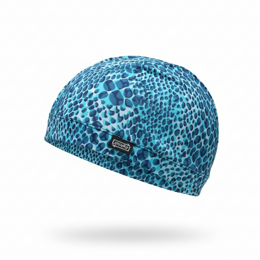 Turquoise leopard print lycra cap - left side floating view with brand name